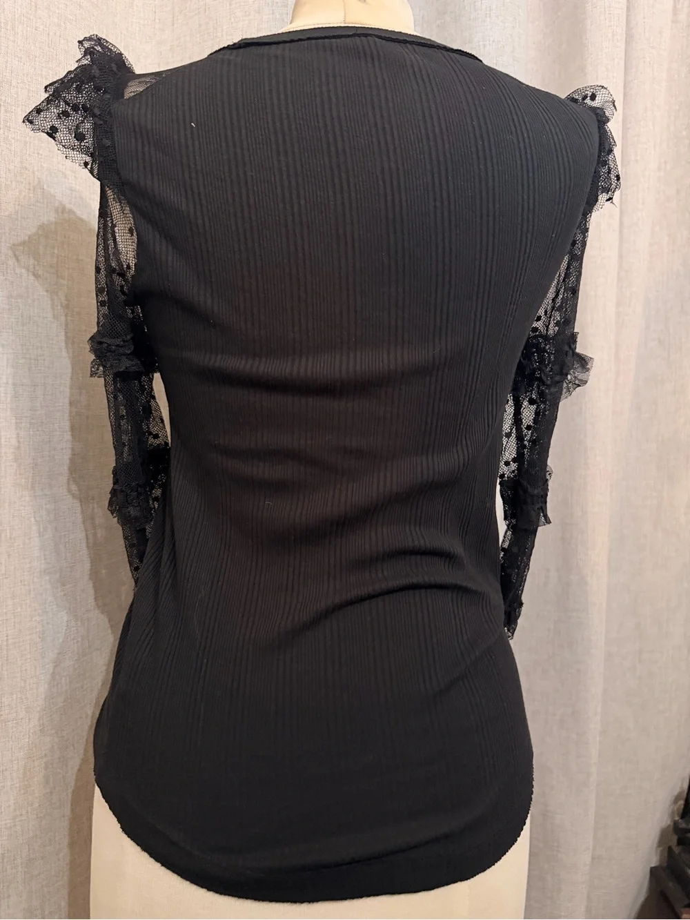 Free People Black Ribbed Top with Sheer Lace Polka-Dot Sleeves